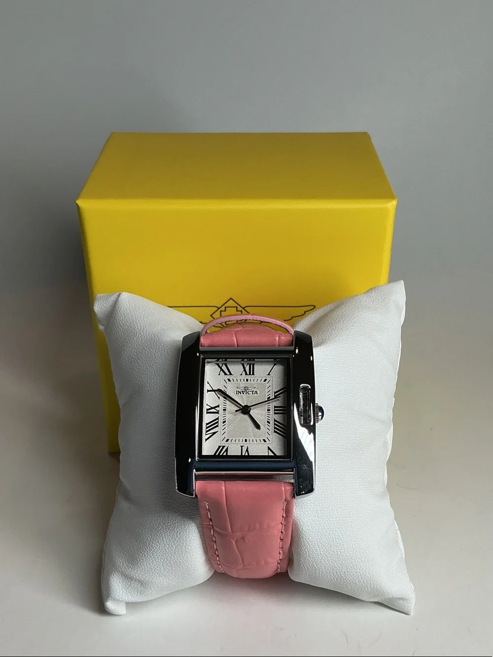 Invicta Ladies' Rectangle Watch with Pink Leather Strap and Silver Case